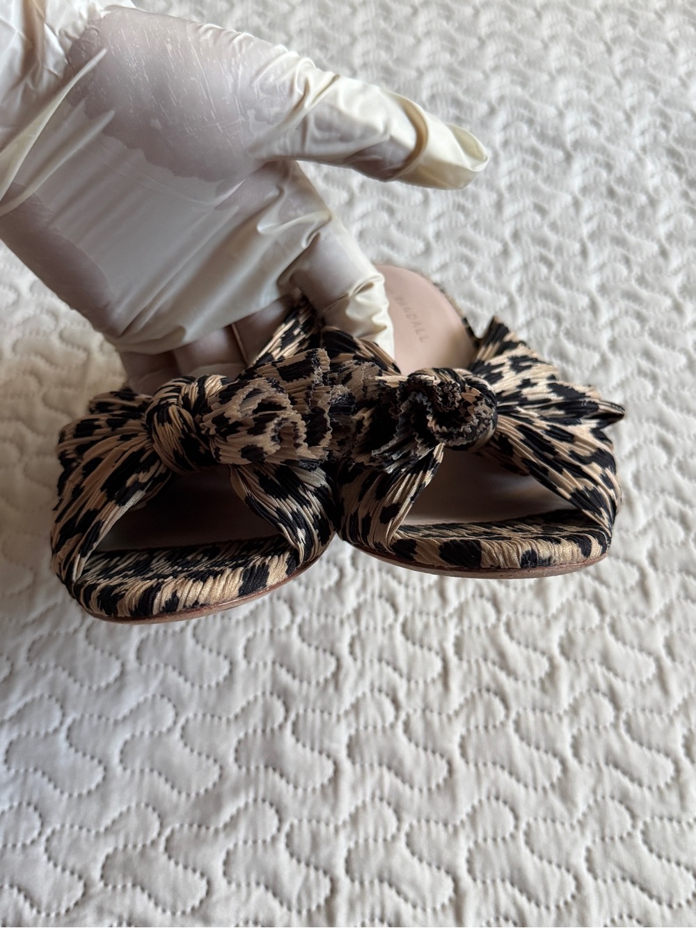 Loeffler Randall Leopard Knot Slide Mules Pleated Bow in Beige and Black Size 9 - Picture 8 of 14